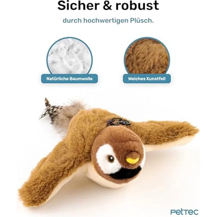 PetTec interaktives Plüschtier für Katzen - Spatz, mit Bewegung und Zwitschern, aktiviert den Jagdinstinkt – Bild 5