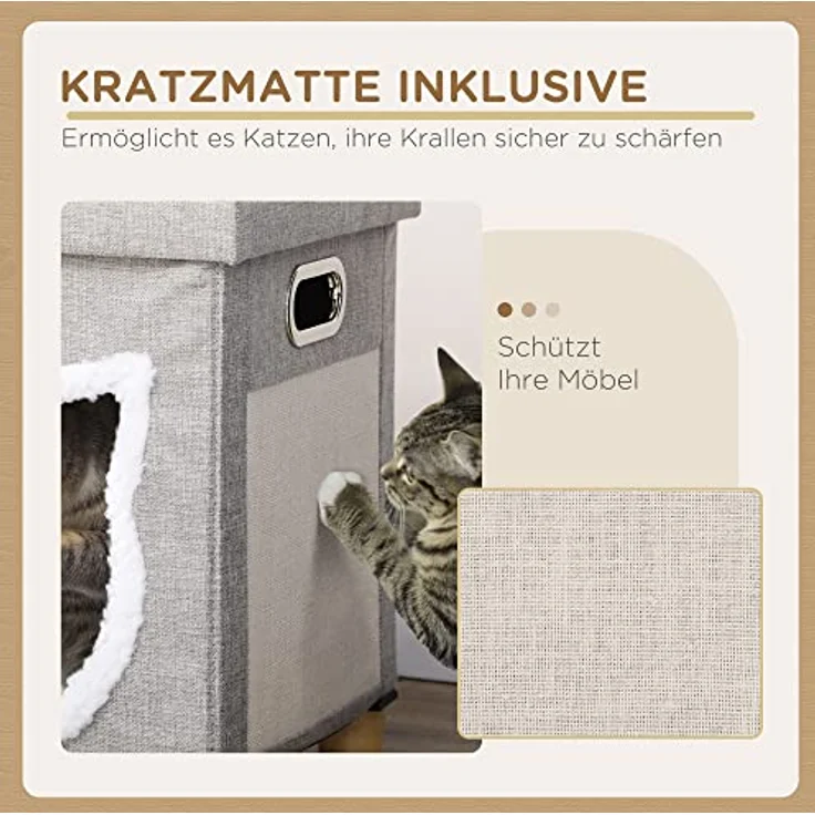 PawHut Katzenhöhle, Katzenhaus mit Kissen und Kratzmatte, grau, 35,5 x 35,5 x 42,5 cm, anti-rutsch mit Spielball – Bild 4
