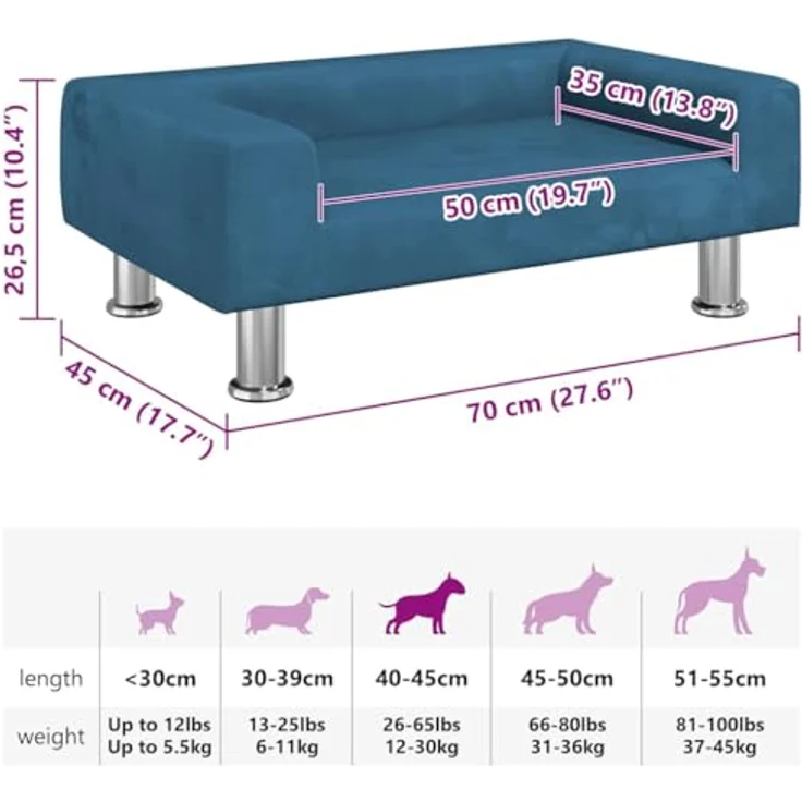 vidaXL Hundekorb Hundebett Blau 70x45x26,5 cm Samt Körbchen Hundesofa mit massivem Kiefernholzrahmen und verchromten Stahlfüßen – Bild 3