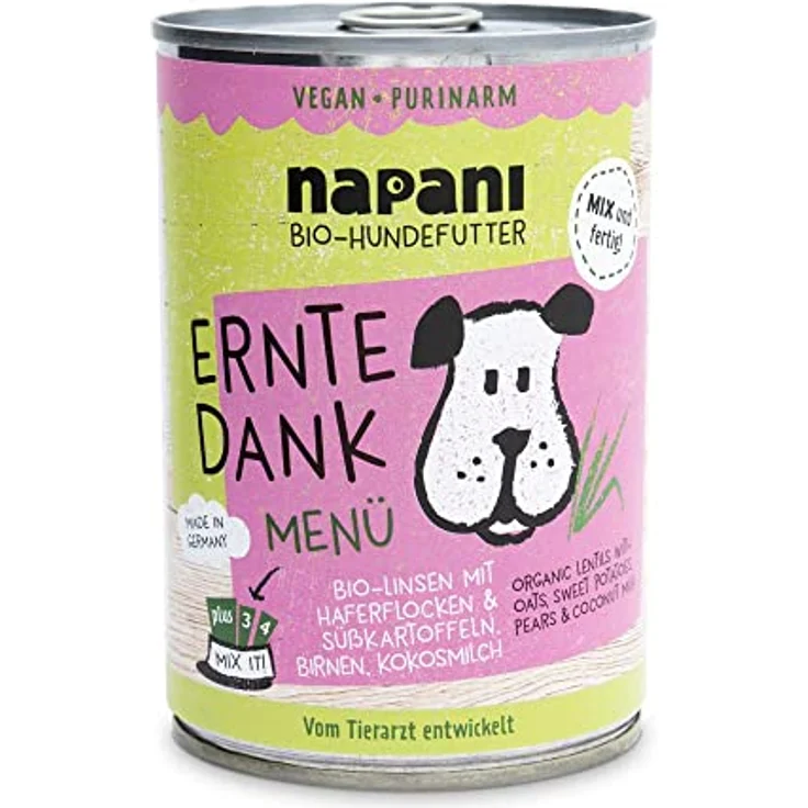 napani Ernte Dank Veganes Hundefutter nass, Bio, mit Linsen & Haferflocken, purinarm, 400g – Bild 1