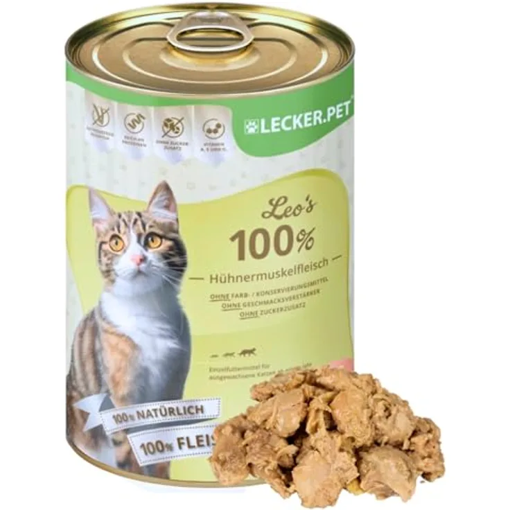 Lyra Pet Lecker.Pet® | 6 x 400 g Leo's 100% Hühnermuskelfleisch Katzen Nassfutter | Getreidefrei, ohne Zuckerzusatz, ohne Zusatzstoffe, reich an Proteinen
