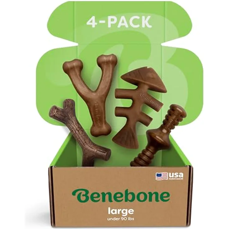 Benebone L 4er-Pack Kauspielzeuge für aggressive Kauer bis 90 lbs, mit Speck, Ahorn, Zaggler und Lachs-Aromen