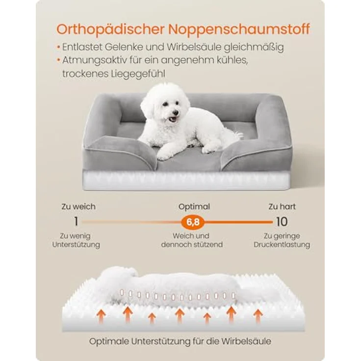 Feandrea Orthopädisches Hundebett M, 76 x 51 x 16 cm, erhöhter Rand, Noppenschaumstoff, abnehmbarer Bezug, waschbar, rutschfest, wasserabweisend, Taubengrau – Bild 3
