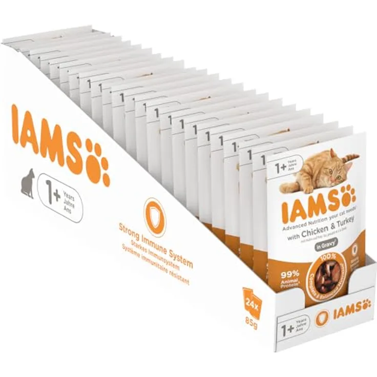 IAMS Delights Katzenfutter Nass mit Huhn & Pute in Sauce, Multipack für Erwachsene Katzen, 24 x 85g, 99% tierische Proteine, ohne künstliche Zusatzstoffe