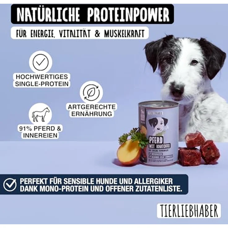 TIERLIEBHABER Hundefutter Nass 400g Pferd mit Kartoffeln, 94% Fleischanteil, ohne Gluten und Zusatzstoffe, von Tierärzten entwickelt – Bild 2