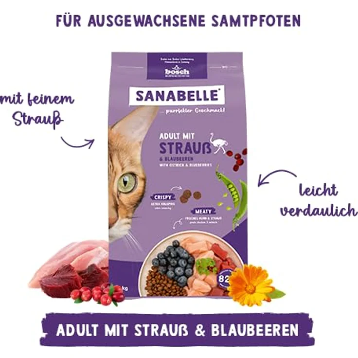 Sanabelle Trockenfutter Katze Adult mit Strauß, 2 kg - hoher Fleischanteil, leicht verdaulich, knusprige Kroketten, ohne Zucker und künstliche Zusatzstoffe – Bild 5