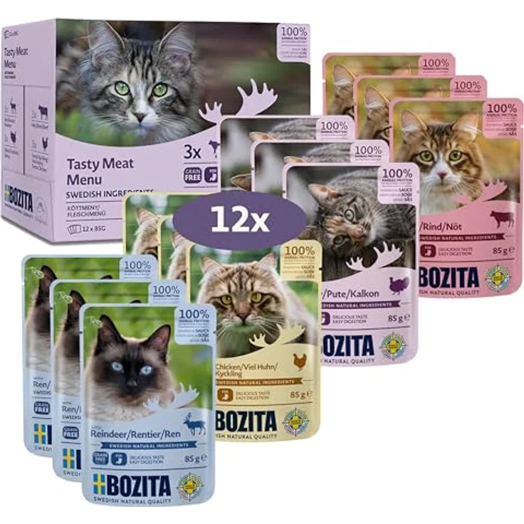 Bozita Nassfutter Häppchen in Sauce mit Fleisch, getreidefreies & weizenfreies Katzennassfutter für adulte Katzen, 12x85g Portionsbeutel, 8,5% Protein, 4,5% Fettgehalt