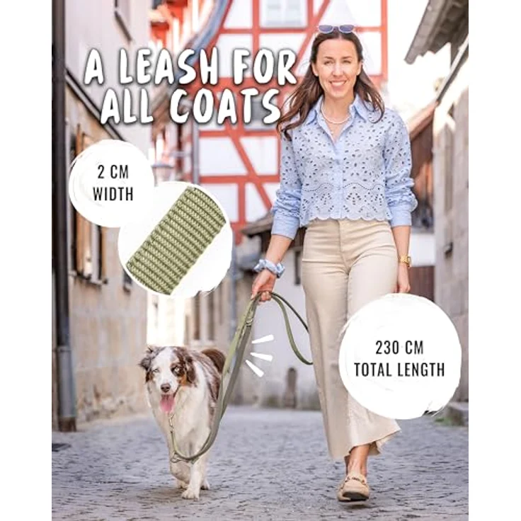 Rudelkönig Führleine Bella, Verstellbare Hundeleine für Kleine Hunde, 2,30m, Khaki-Design mit gepolsterten Kanten und stabilen Metallkarabinern – Bild 3