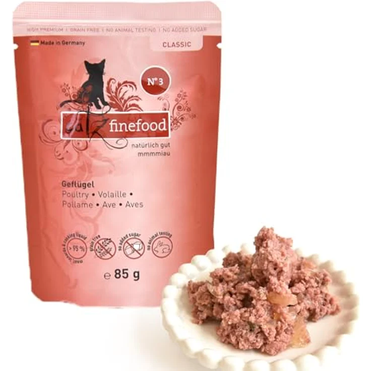 catz finefood N° 3 Geflügel Feinkost Katzenfutter, nass, 69% Geflügel, verfeinert mit Preiselbeeren & Löwenzahn, 1 x 85g Beutel – Bild 1