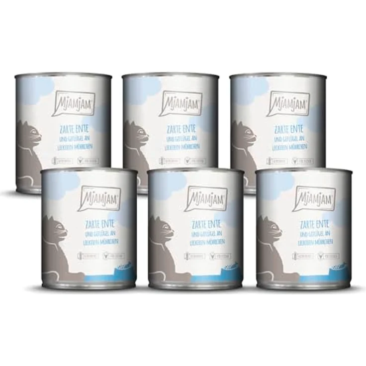 MjAMjAM Premium Nassfutter für Katzen, zarte Ente & Geflügel an leckeren Möhrchen, getreidefrei, 6er Pack (6 x 800 g), hoher Fleischanteil – Bild 1
