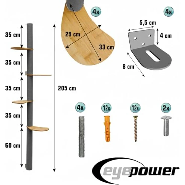 eyepower Kratzbaum zur Wandmontage Luna, 205cm Wandkratzbaum mit 4 drehbaren Bambus Plateaus und Sisalstämmen, platzsparende Kletterwand für Katzen – Bild 8