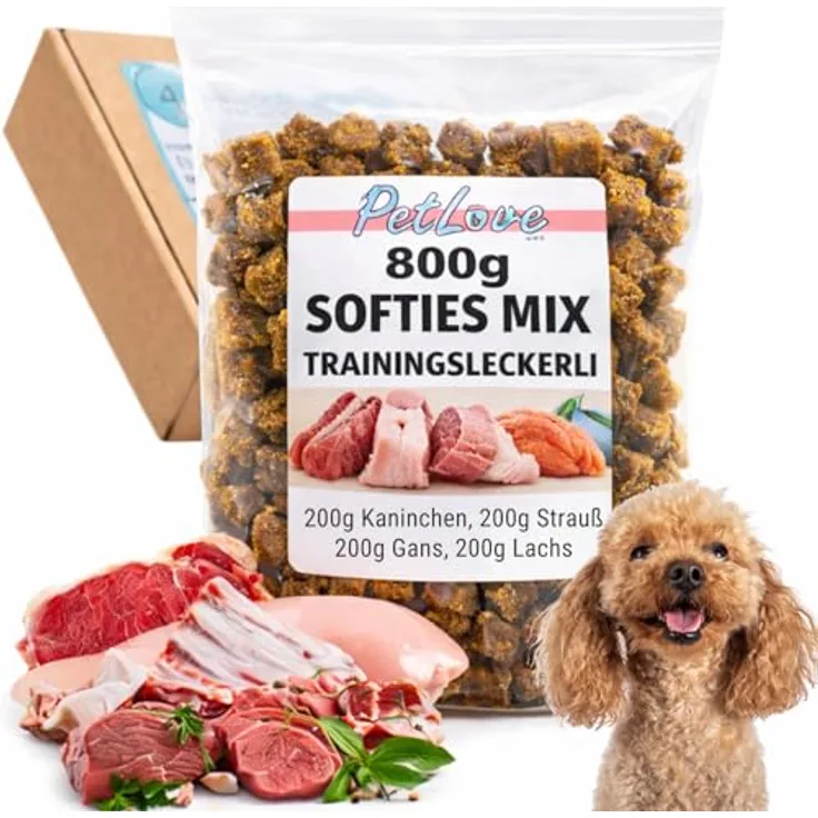 PetLove 100% Fleisch Softies für Hunde, Getreidefreie Trainingssnacks mit hohem Fleischanteil, Mix (Gans, Lachs, Kaninchen, Strauß), 12 x 200g