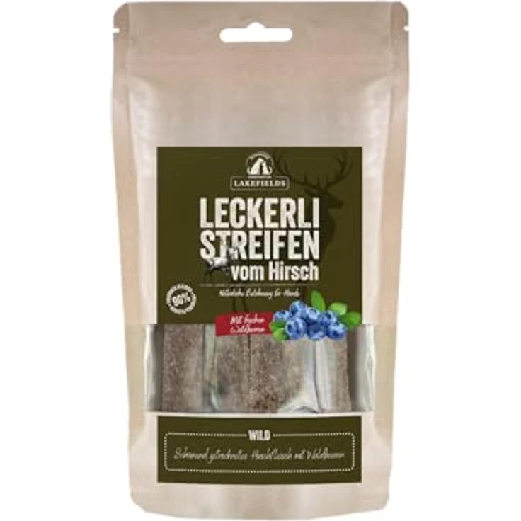 Lakefields Hundeleckerli, Trockenfleischstreifen vom Wild, 150g, 90% Hirschfleisch, getreidefrei mit Kartoffeln & Waldbeeren, knusprige Belohnung ohne Zusätze – Bild 1
