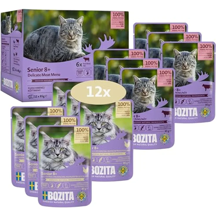 Bozita Pouch Häppchen in Soße Multibox Senior, Katzen-Nassfutter für ältere Katzen ab 8 Jahren, 12x85g (6x Huhn, 6x Rind) – Bild 1