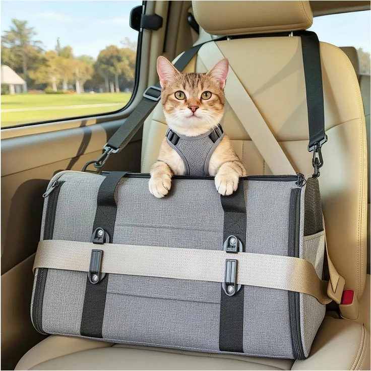 LuxusKollektion Faltbare Tiertransporttasche für Katzen & kleine Hunde, grau, belüftet mit Netzfenstern, M: 45,5 x 28 x 28 cm