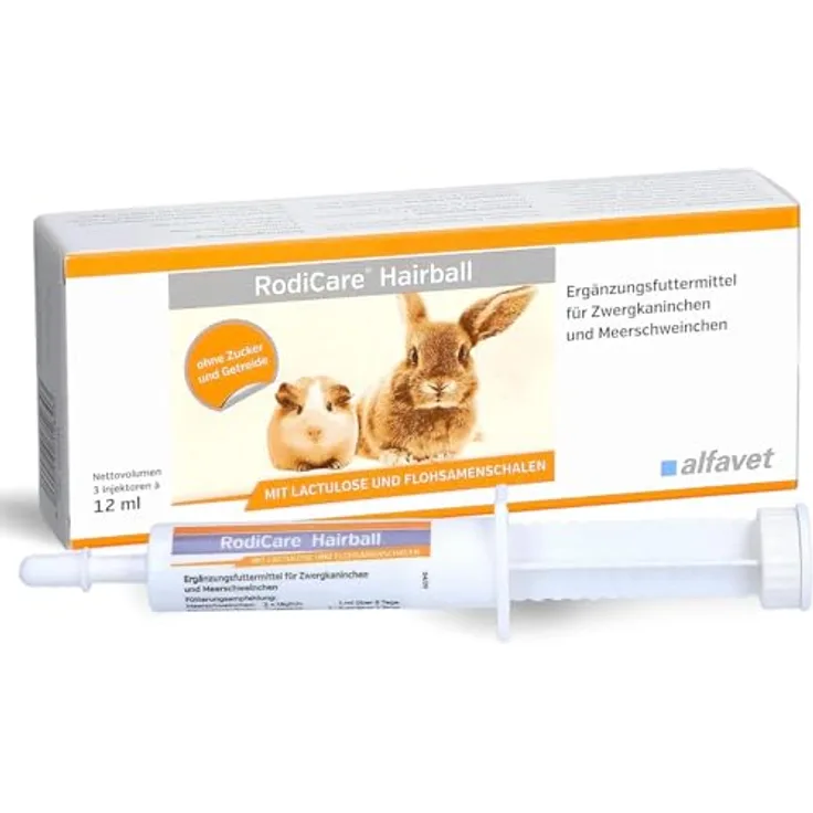Alfavet RodiCare Hairball, Ergänzungsfuttermittel für Zwergkaninchen und Meerschweinchen zur Förderung der Ausscheidung von Haarballen, 3 Injektoren à 12 ml