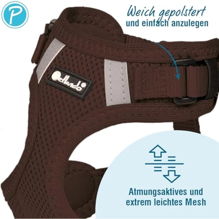 Petlando Hundegeschirr Mesh Vest XS, leichtes reflektierendes Brustgeschirr aus Mesh und Nylon in Mokka, stufenlos verstellbar mit 2 D-Ringen für kleine Hunde und Welpen – Bild 3