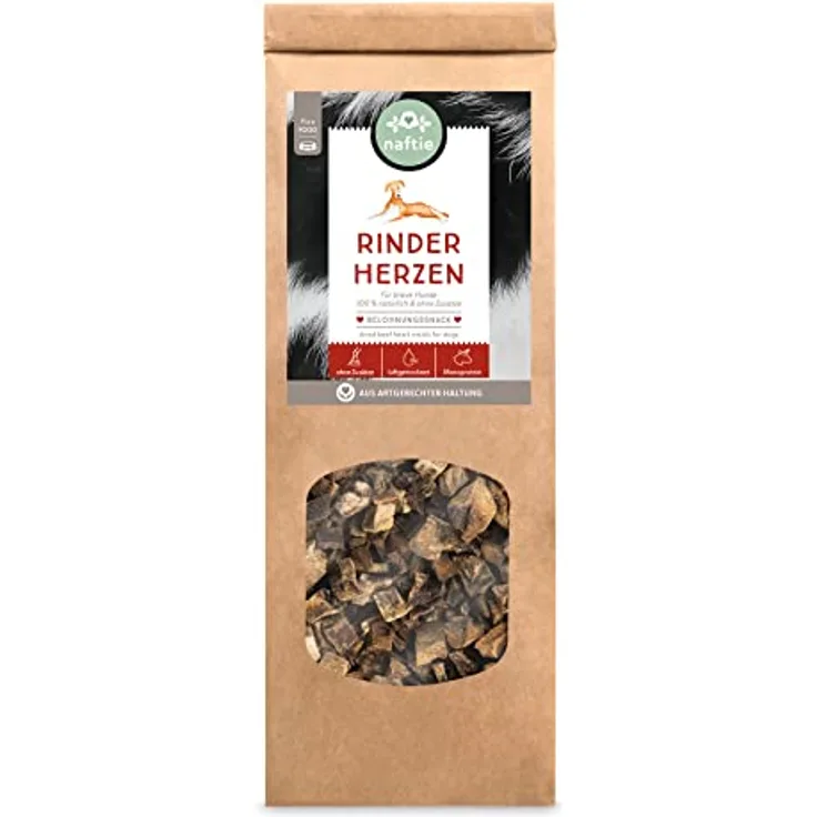 naftie Kausnacks Rinderherzen getrocknet, 250g, zuckerfrei, mit viel Taurin & Eisen, kleine Trainingshappen für artige Hunde