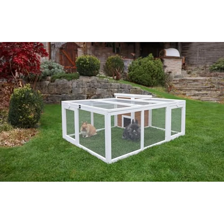 Kerbl Freigehege mit Unterschlupfhaus, 132x102x59 cm, inkl. Holzhaus, engmaschiges Gitter, großer Auslauf für Hasen/Hamster, Gitterdach – Bild 3