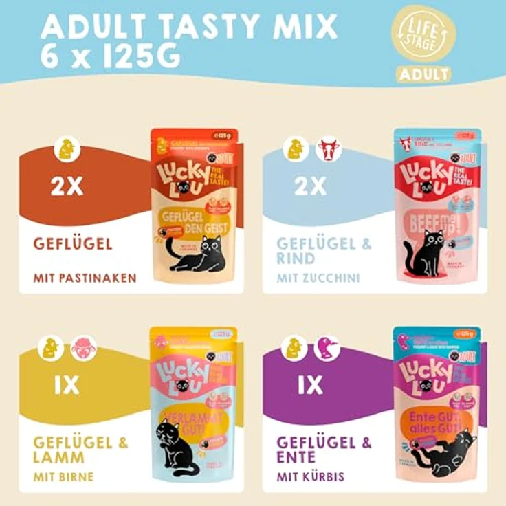 Lucky Lou Lifestage Adult Tasty Mix-Paket Katzenfutter nass - 125g x 6 - getreidefrei & zuckerfrei, hochwertiges Nassfutter mit viel Protein – Bild 3