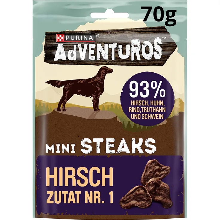 Purina Adventuros Mini STEAKS Hundesnacks, 93% Fleischanteil aus Hirsch, getreidefrei, 70g