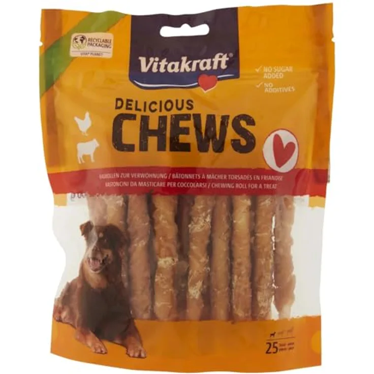Vitakraft Delicious Chews Kaurollen Huhn S, 300 g (25 Stück), für kleine Hunde, fettarm und ohne Zusatzstoffe