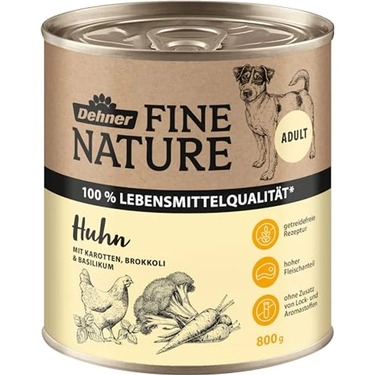 Dehner Fine Nature Hundefutter, Nassfutter in Lebensmittelqualität für ausgewachsene Hunde, Huhn mit Karotten und Brokkoli, 6 x 800 g Dose (4.8 kg) – Bild 2