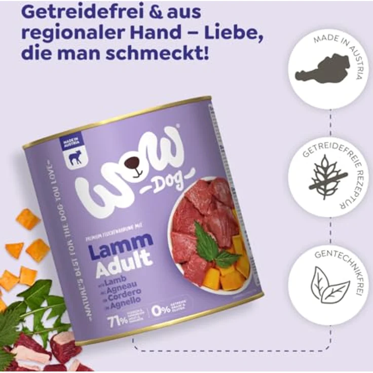 WOW Adult 6 x 800 g, Hunde-Nassfutter mit Lamm, getreidefrei und reich an tierischen Proteinen – Bild 5