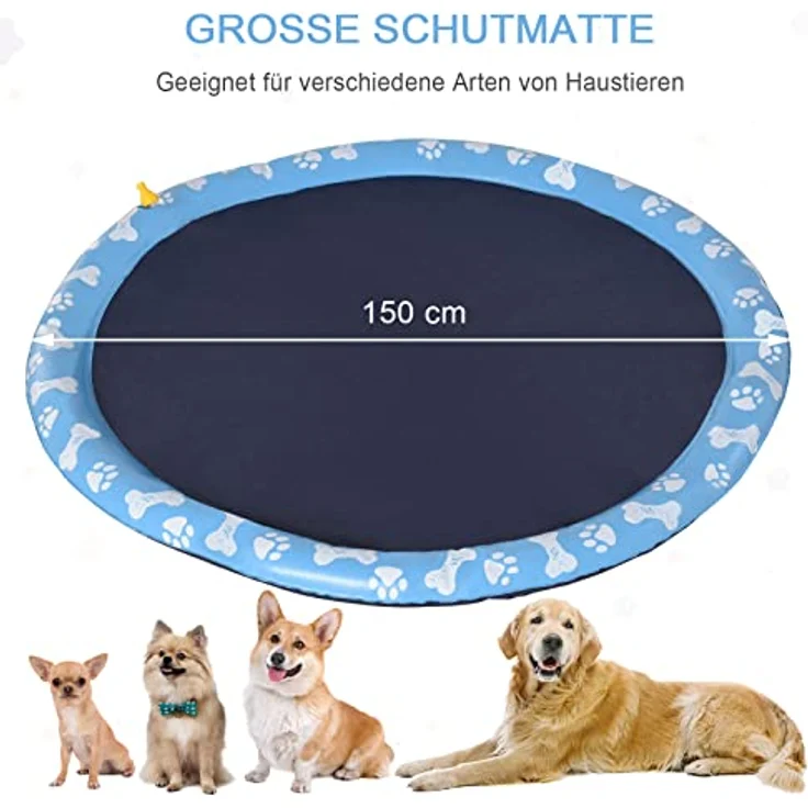 PawHut 150 cm Splash Sprinkler Pad für Hunde, rutschfeste Wasserspiel Matte aus langlebigem Kunststoff, blau – Bild 3