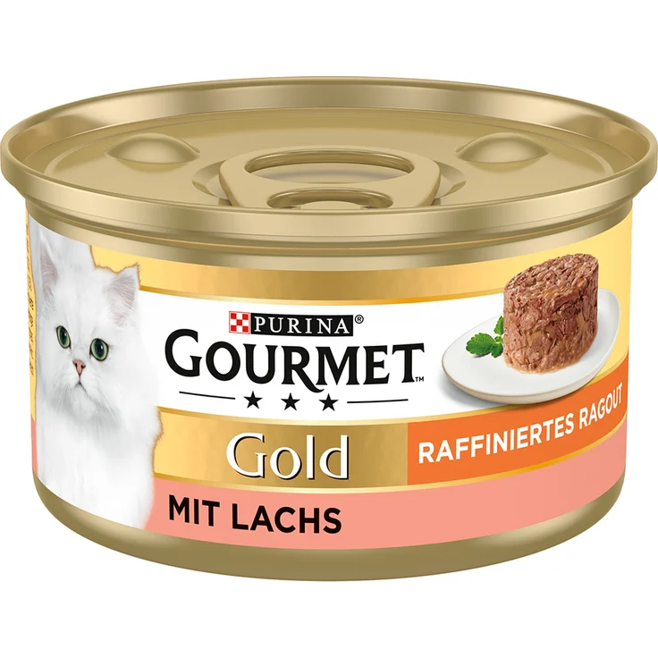 Gourmet Gold Raffiniertes Ragout, Katzen-Nassfutter mit Lachs, 24 x 85 g, vollwertige Mahlzeit