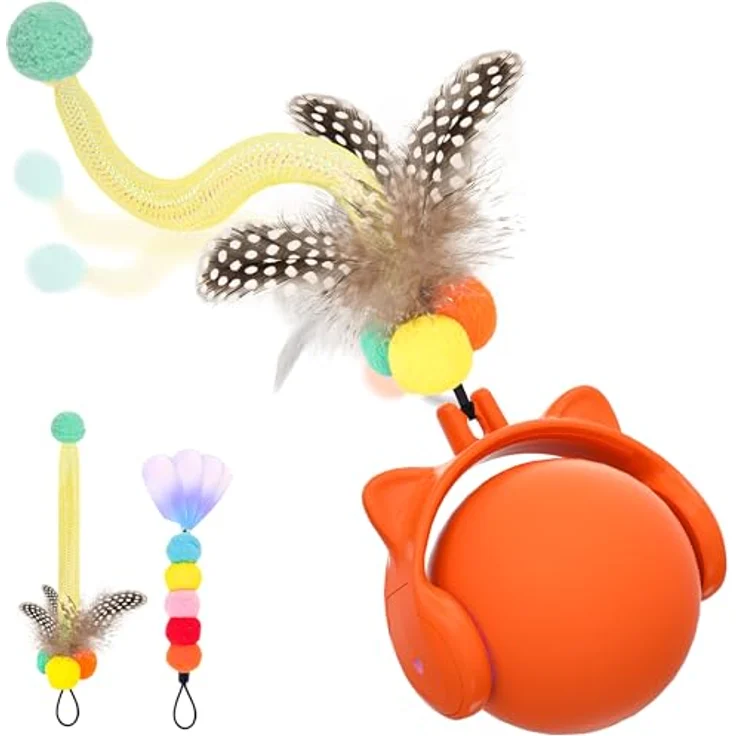 GoldenSun Automatischer Katzenspielzeugball mit Federschwanz, Bewegungsaktiviert, 3 LED-Lichtmodi, Wiederaufladbar über USB – Bild 1