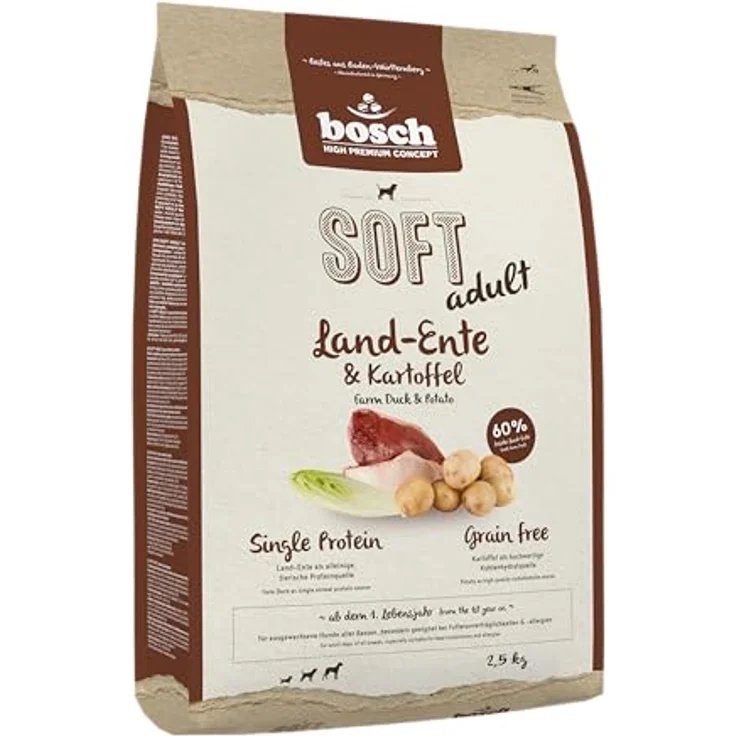 Bosch SOFT Land-Ente & Kartoffel, Hundefutter für ernährungssensible Hunde, 60% frische Land-Ente, getreidefrei, 2,5 kg – Bild 1