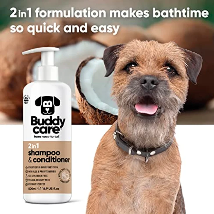 Buddycare 2in1 Hundeshampoo und Conditioner, 500ml, mit Aloe Vera und Pro-Vitamin B5 für alle Hunderassen, vegan, pH-ausgeglichen, Kokosduft – Bild 3