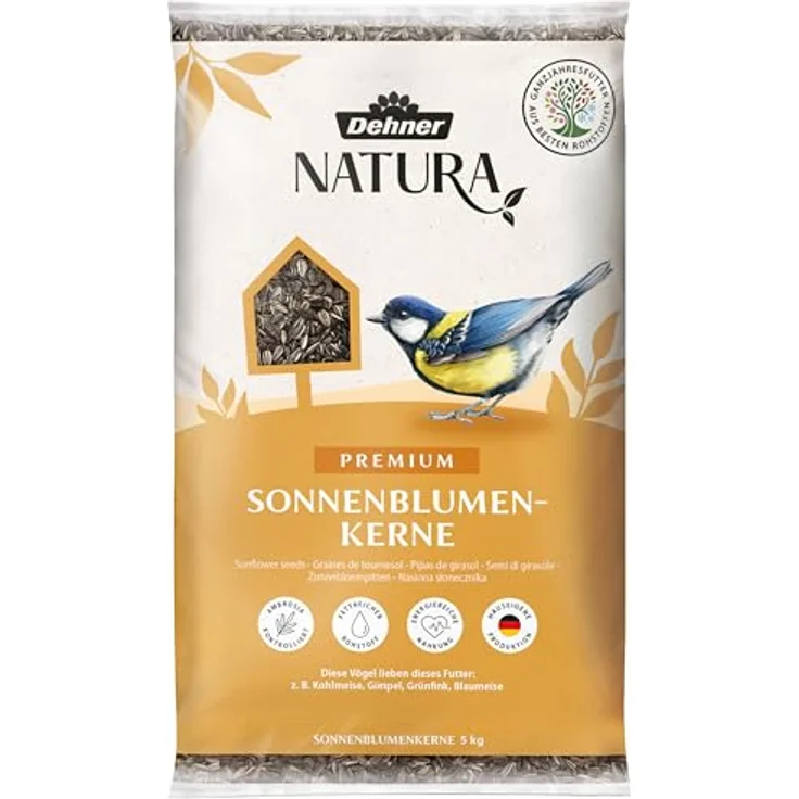 Dehner Natura Premium Wildvogelfutter, Sonnenblumenkerne, proteinreiches Ganzjahresfutter, 5 kg – Bild 1