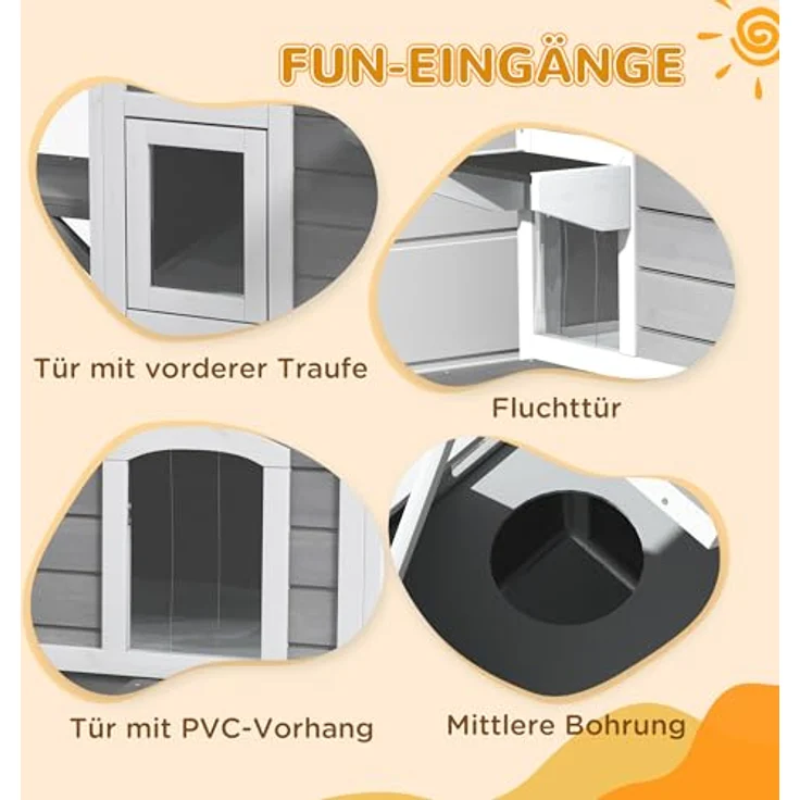 PawHut 2-Etagen Katzenhaus aus Holz, winterfest und wasserdicht mit klappbarem Dach und Treppe, Garten Outdoor Schutzhütte, grau, 78 x 55,5 x 91 cm – Bild 4