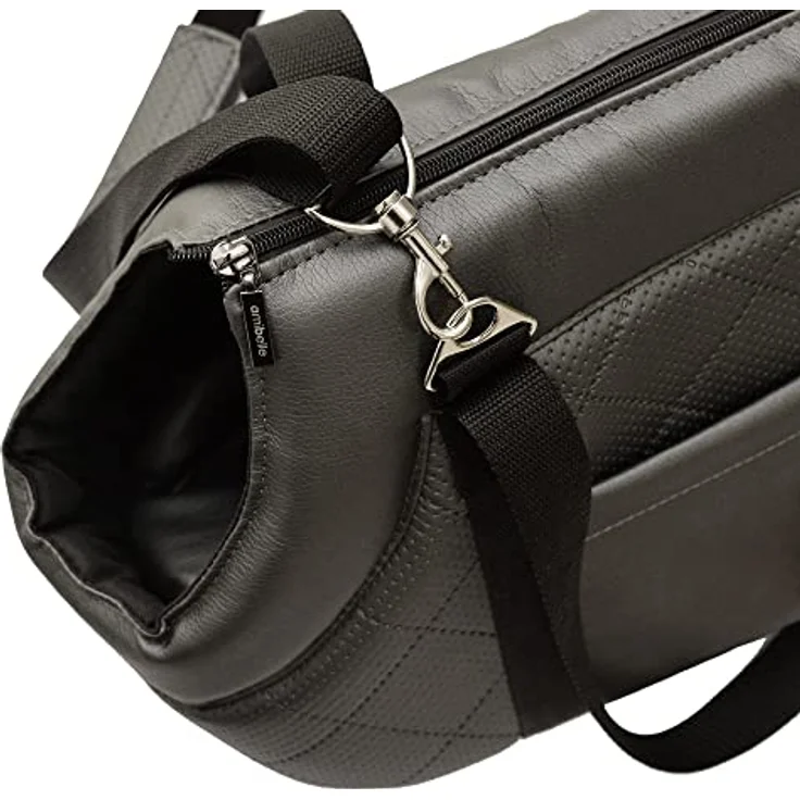 BOUTIQUE ZOO Transporttasche für Hunde und Katzen, Schultertasche aus Kunstleder, bis 12 kg, Größe L, schwarz, mit Gummiband und Karabiner – Bild 5