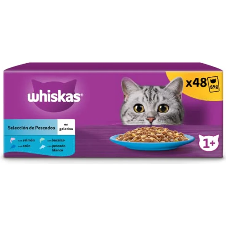 Whiskas Nassfutter für ausgewachsene Katzen, Fischauswahl in Gelee, 4 x 12 x 85 g, 100% hochwertige Zutaten, stärkt Abwehrkräfte und gesunde Haut – Bild 1