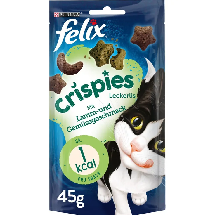 FELIX Crispies Katzensnack Lamm- und Gemüsegeschmack, knusprige Leckerli für ausgewachsene Katzen, 4x45g