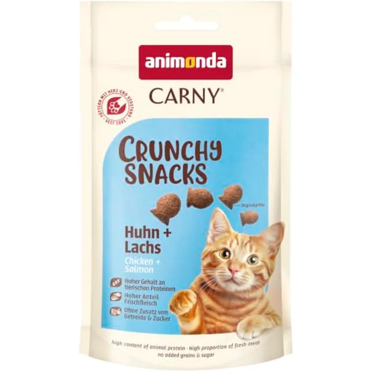 animonda Carny Crunchy Snacks, Katzen Leckerli Huhn & Lachs, 10 x 50g, knuspriger Katzensnack ohne Getreide und Zucker, hoher Fleischanteil