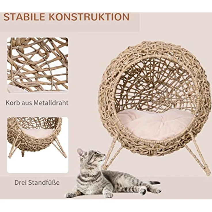 PawHut Katzenhaus aus Rattan mit Kissen, Katzenschlafplatz mit erhöhten Füßen und stabiler Konstruktion, Natur Ø52 x 58 cm – Bild 4
