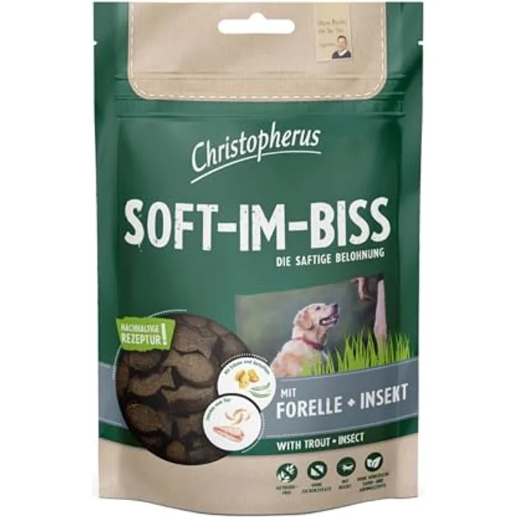 Christopherus Snacks Soft-Im-Biss Forelle + Insekt, Getreidefreies Hundeleckerli, hypoallergen, 125 g