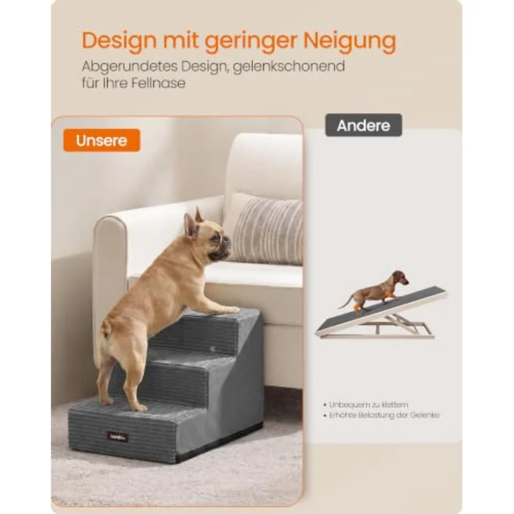Feandrea Hundetreppe Baddi Kollektion PPS023GN01, 3-stufige Schaumstofftreppe für kleine Hunde, bleigrau, waschbar, rutschfest, 46 x 40 x 33 cm – Bild 3