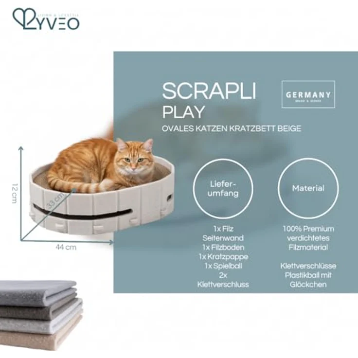 Lyveo Katzenbett mit Kratzbrett & Spielball, 3-in-1 Katzenzubehör für Selbstbeschäftigung, Beige, 43×34×11 cm – Bild 2