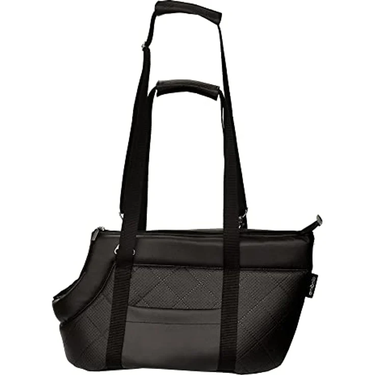 BOUTIQUE ZOO Transporttasche für Hunde und Katzen, Schultertasche aus Kunstleder, bis 12 kg, Größe L, schwarz, mit Gummiband und Karabiner – Bild 4