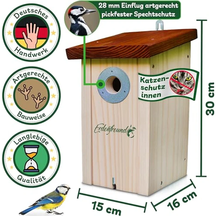 ERDENFREUND® Meisen Nistkasten 28mm, mit Katzen-/Marderschutz und Spechtschutz aus rostfreiem Metall, massives Holz, easy clean – Bild 4