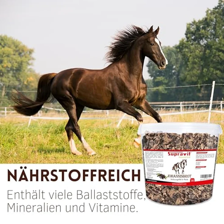 Supravit Johannisbrot 2kg, naturreines Carob Pferdefutter, ballaststoffreicher Pferdesnack ohne Zusatzstoffe im wiederverschließbaren Eimer – Bild 3