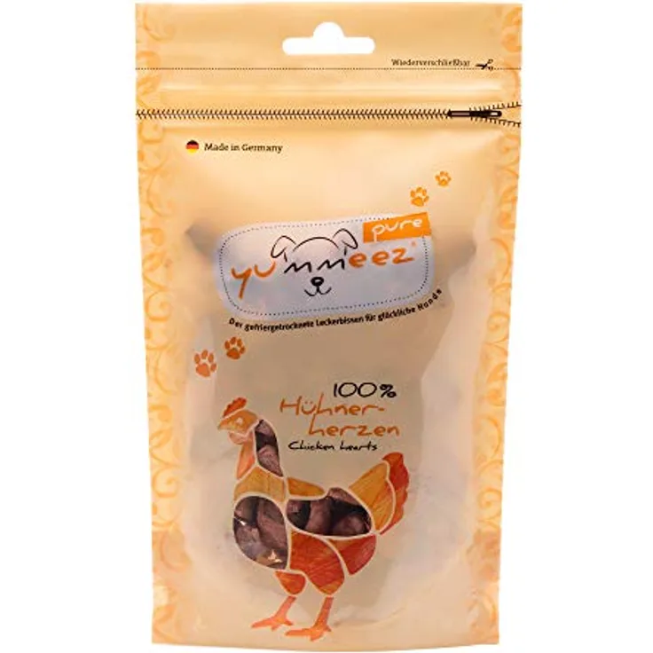 Yummeez pure Hühnerherzen, getreidefreie und zuckerfreie Hundeleckerli für Allergiker, 100% Fleisch, 35g