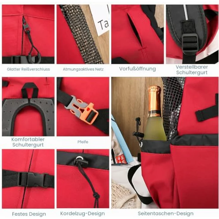 Galatée Hundetragerucksack XL, Tragbarer und Verstellbarer Hunderucksack, Belüfteter Haustierrucksack für Wandern und Reisen, Rot – Bild 5