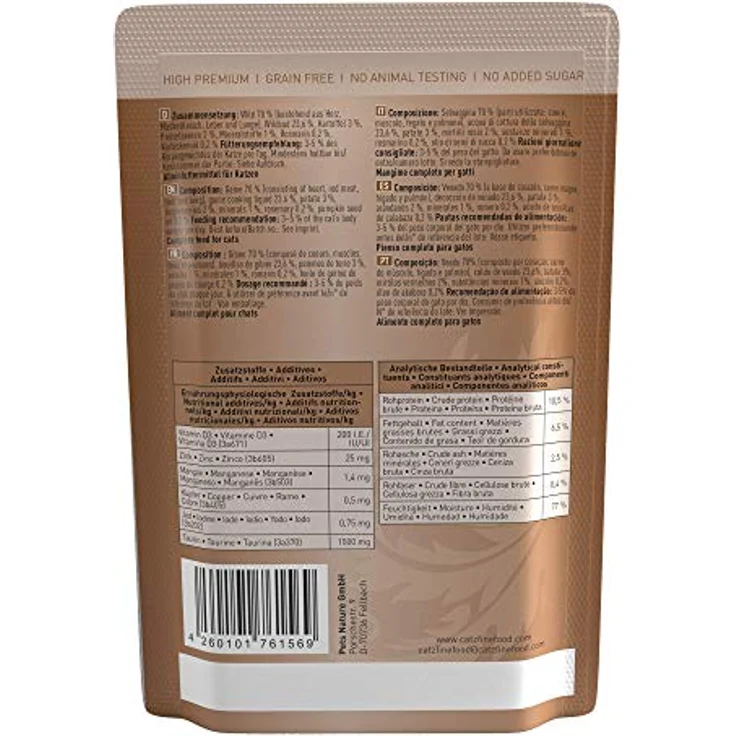 catz finefood N° 9 Wild Feinkost Katzenfutter, 70% Wild, verfeinert mit Kartoffel & Preiselbeere, 16 x 85g Beutel – Bild 2