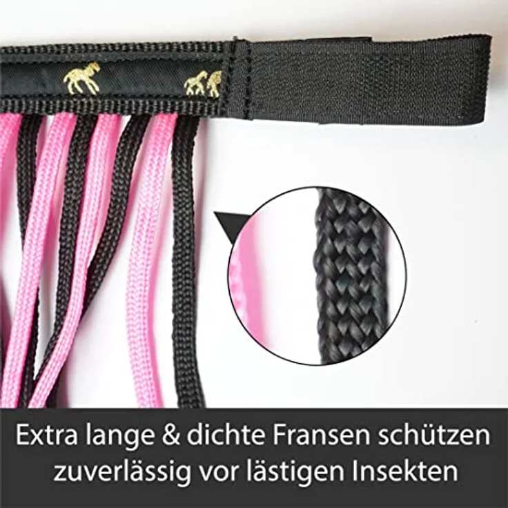Pferdelinis Fliegenfransen für Pferde, Fliegenmaske mit Fransen & Klettverschluss, effektiver Insektenschutz für Shetty, Pony, Cob, Warmblut, Schwarz-Pink, Pony – Bild 2